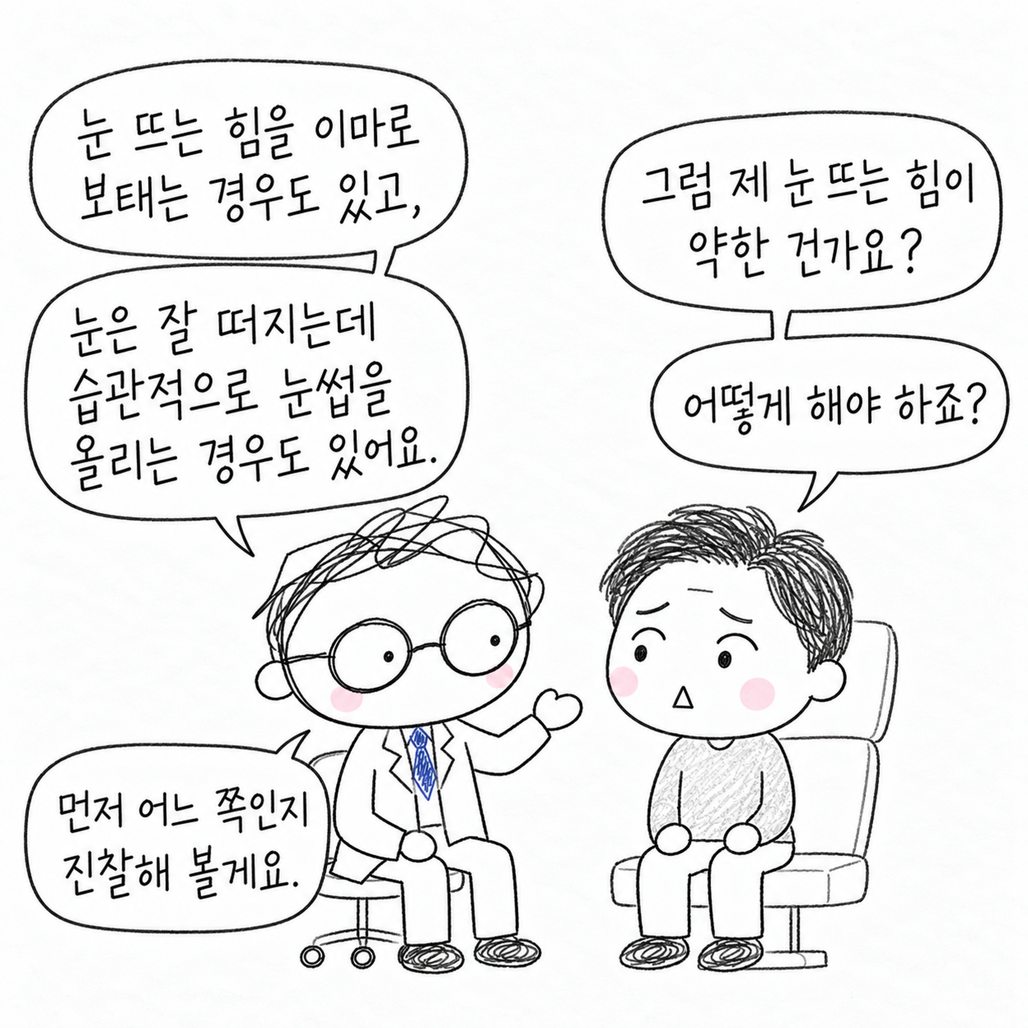 눈 뜨는 힘을 이마로 보태는 경우도 있고, 눈은 잘 떠지는데 습관적으로 눈썹을 올리는 경우도 있어요. 먼저 어느 쪽인지 진찰해 볼게요. 그럼 제 눈 뜨는 힘이 약한 건가요? 어떻게 해야 하죠?