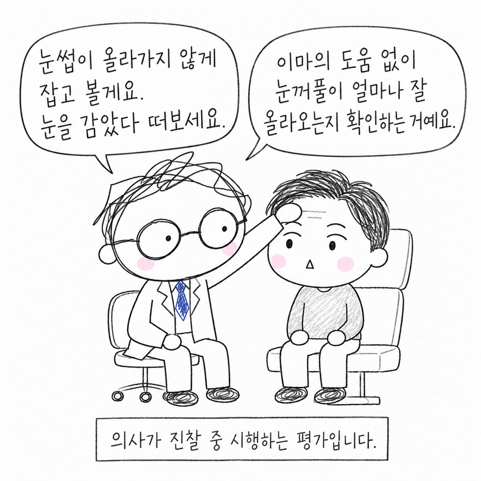 눈썹이 올라가지 않게 잠깐 볼게요. 눈을 감았다 떠보세요. 이마의 도움 없이 눈꺼풀이 얼마나 잘 올라오는지 확인하는 거예요. 의사가 진찰 중 시행하는 평가입니다.