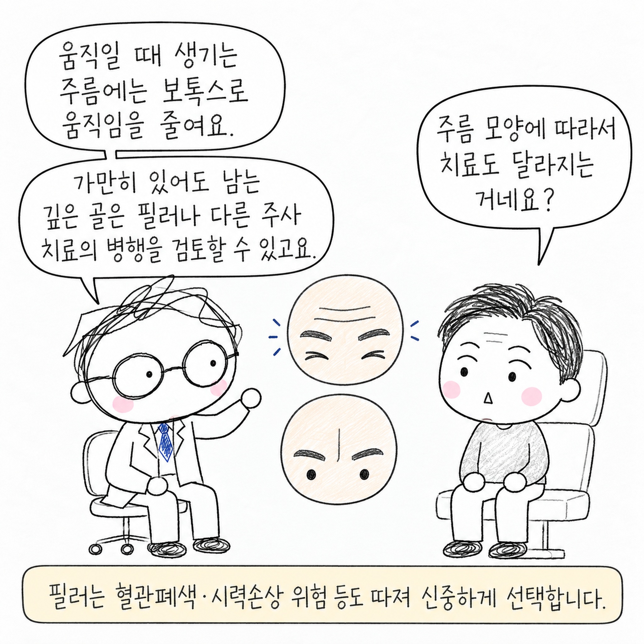 움직일 때 생기는 주름에는 보톡스로 움직임을 줄여요. 가만히 있어도 남는 깊은 골은 필러나 다른 주사 치료의 병행을 검토할 수 있고요. 주름 모양에 따라서 치료도 달라지는 거네요? 필러는 혈관폐색·시력손상 위험 등도 따져 신중하게 선택합니다.