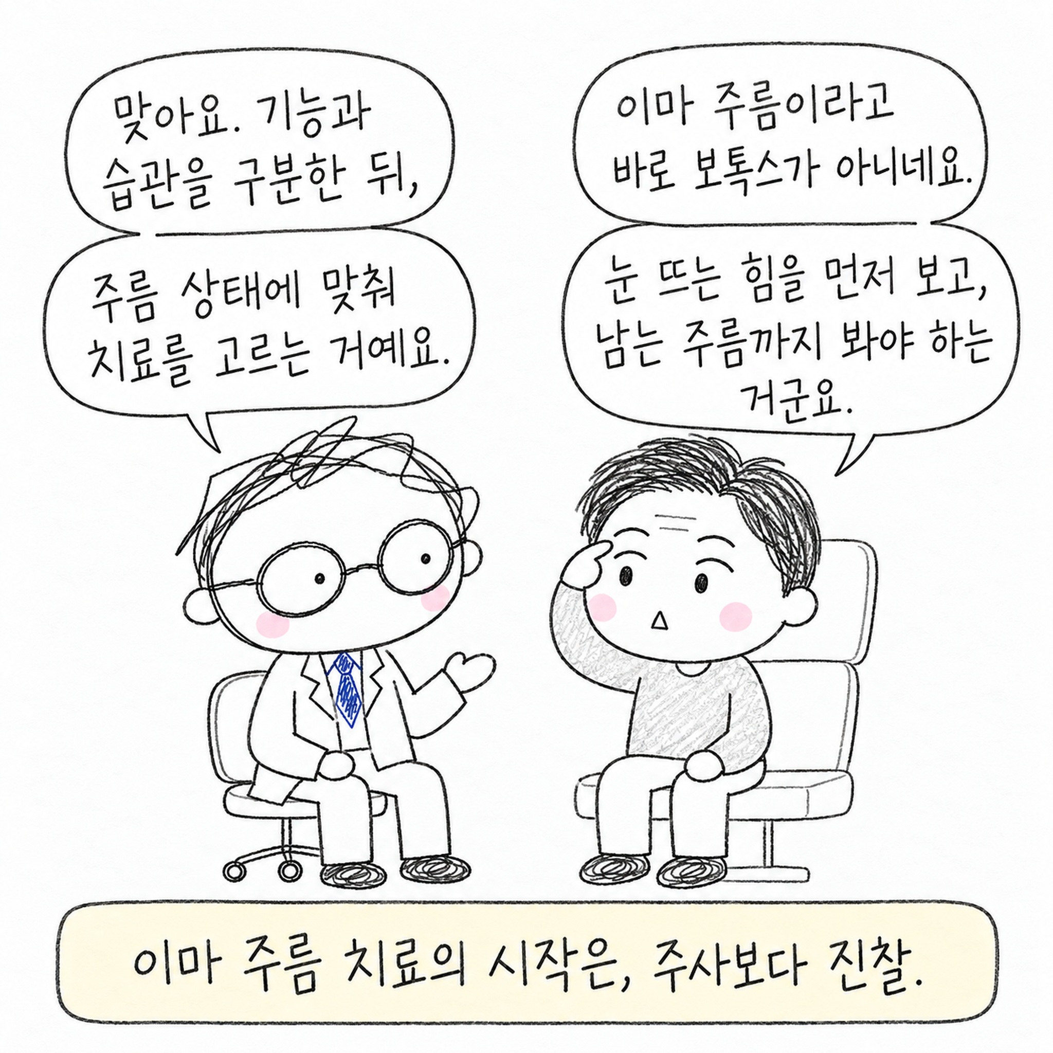 맞아요. 기능과 습관을 구분한 뒤, 주름 상태에 맞춰 치료를 고르는 거예요. 이마 주름이라고 바로 보톡스가 아니네요. 눈 뜨는 힘을 먼저 보고, 남는 주름까지 봐야 하는 거군요. 이마 주름 치료의 시작은, 주사보다 진찰.