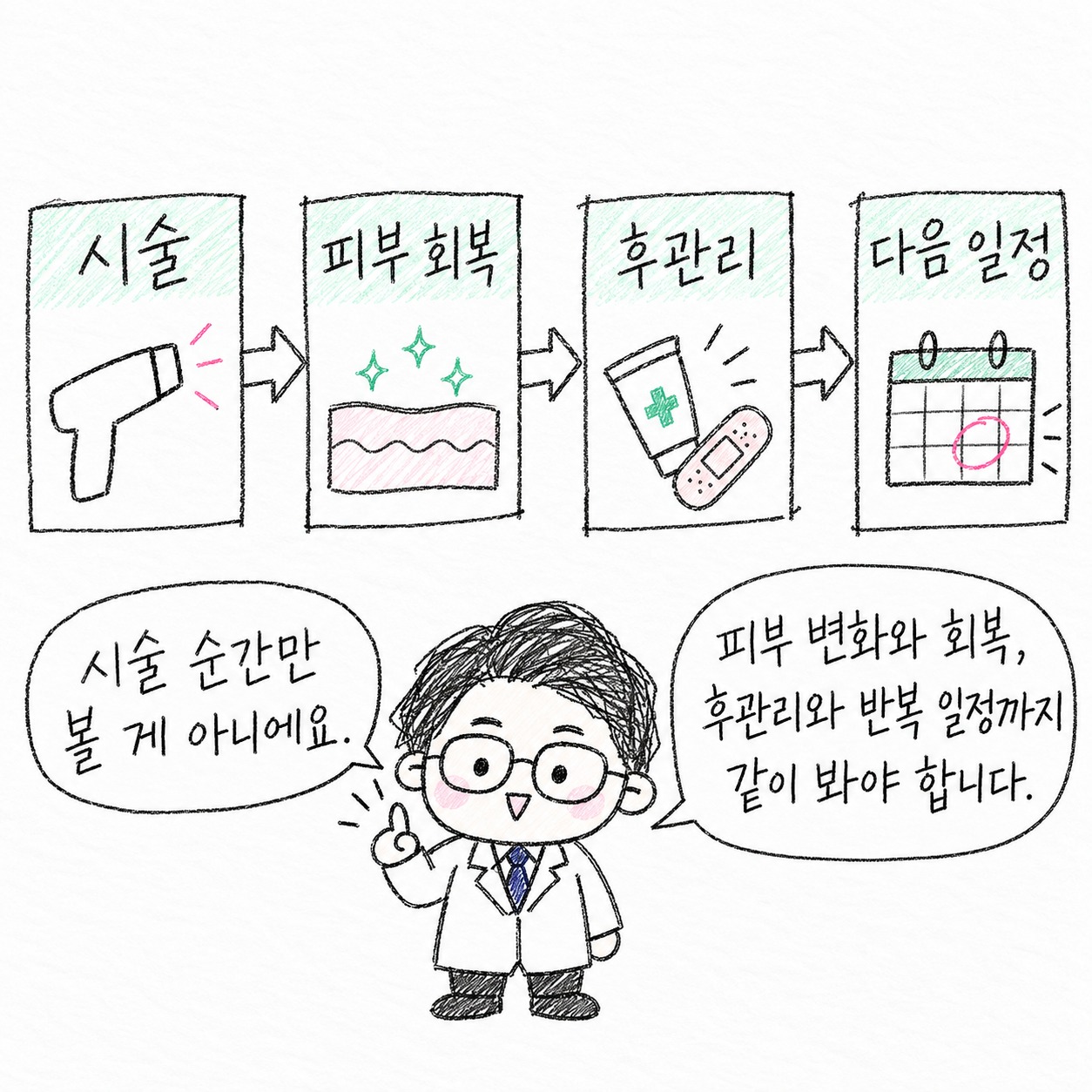 시술, 피부 회복, 후관리, 다음 일정. 시술 순간만 볼 게 아니에요. 피부 변화와 회복, 후관리와 반복 일정까지 같이 봐야 합니다.