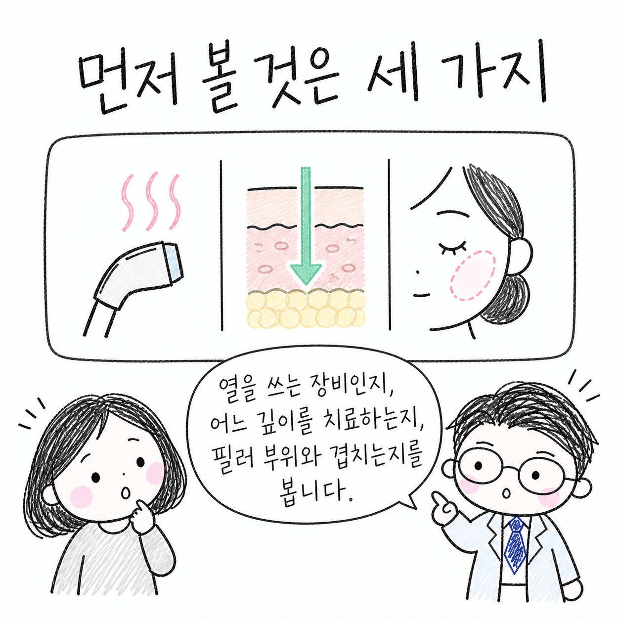 먼저 볼 것은 세 가지. 열을 쓰는 장비인지, 어느 깊이를 치료하는지, 필러 부위와 겹치는지를 봅니다.