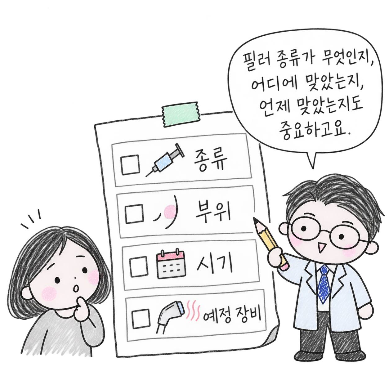 필러 종류가 무엇인지, 어디에 맞았는지, 언제 맞았는지도 중요하고요. 종류, 부위, 시기, 예정 장비.
