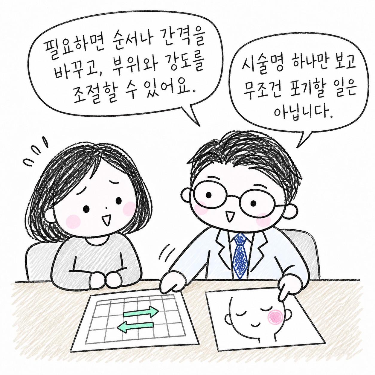 필요하면 순서나 간격을 바꾸고, 부위와 강도를 조절할 수 있어요. 시술명 하나만 보고 무조건 포기할 일은 아닙니다.