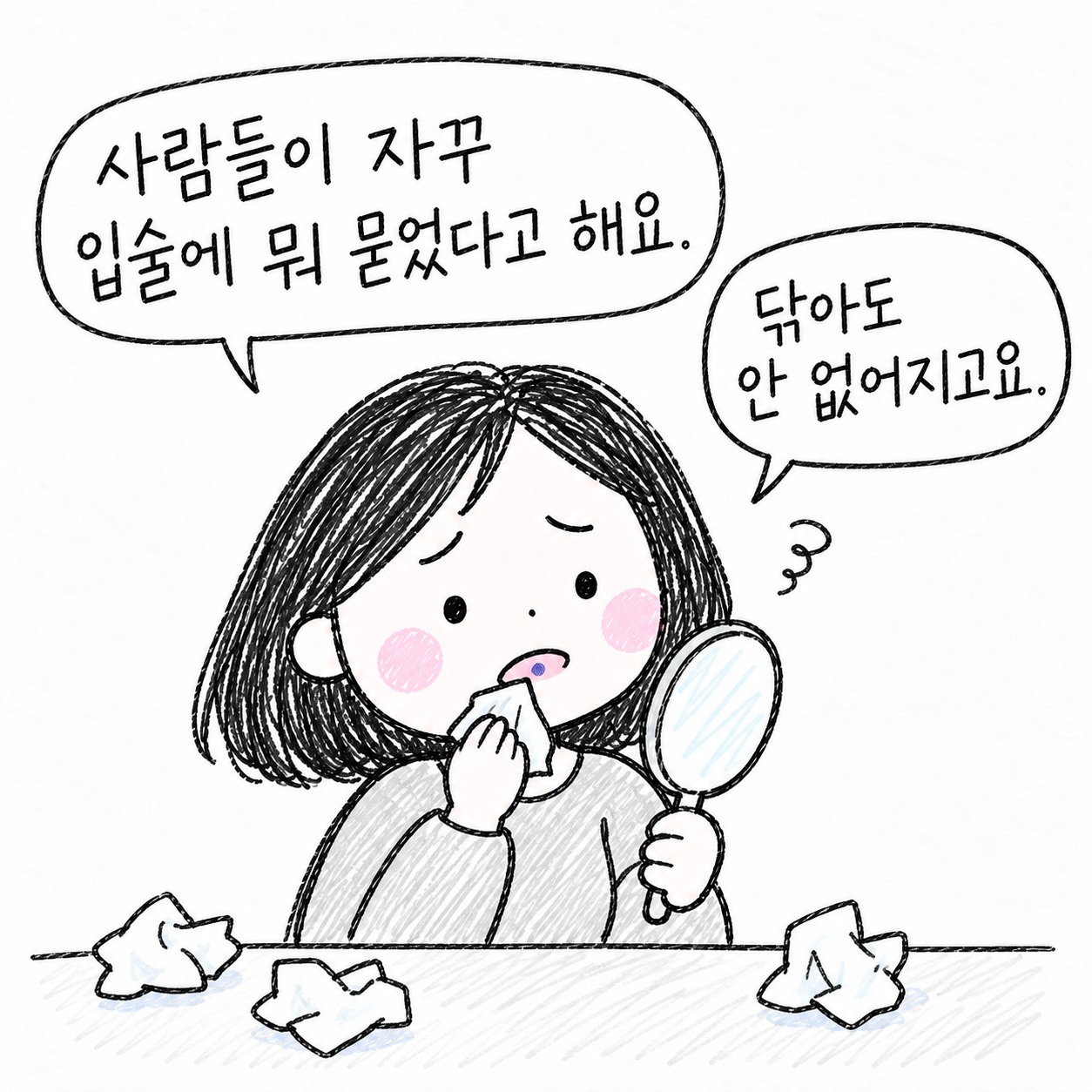 사람들이 자꾸 입술에 뭐 묻었다고 해요. 닦아도 안 없어지고요.