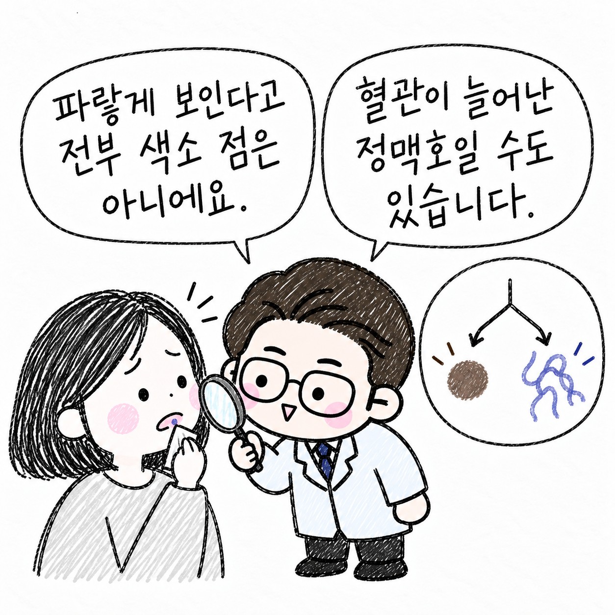 파랗게 보인다고 전부 색소 점은 아니에요. 혈관이 늘어난 정맥호일 수도 있습니다.