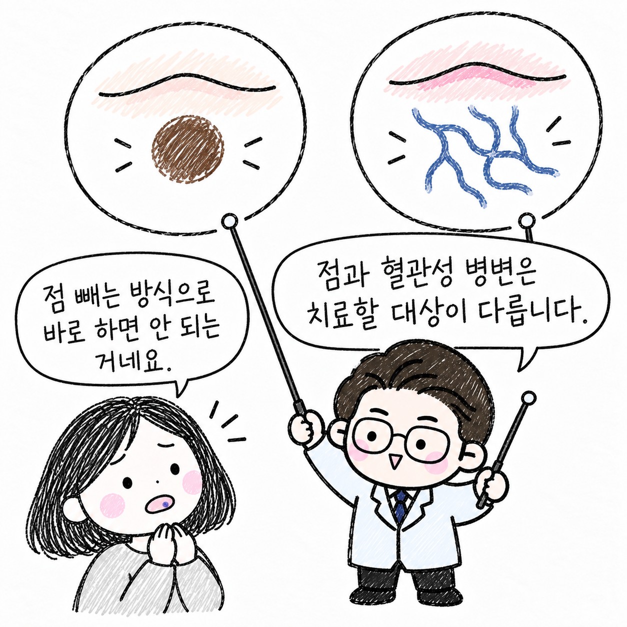 점 빼는 방식으로 바로 하면 안 되는 거네요. 점과 혈관성 병변은 치료할 대상이 다릅니다.