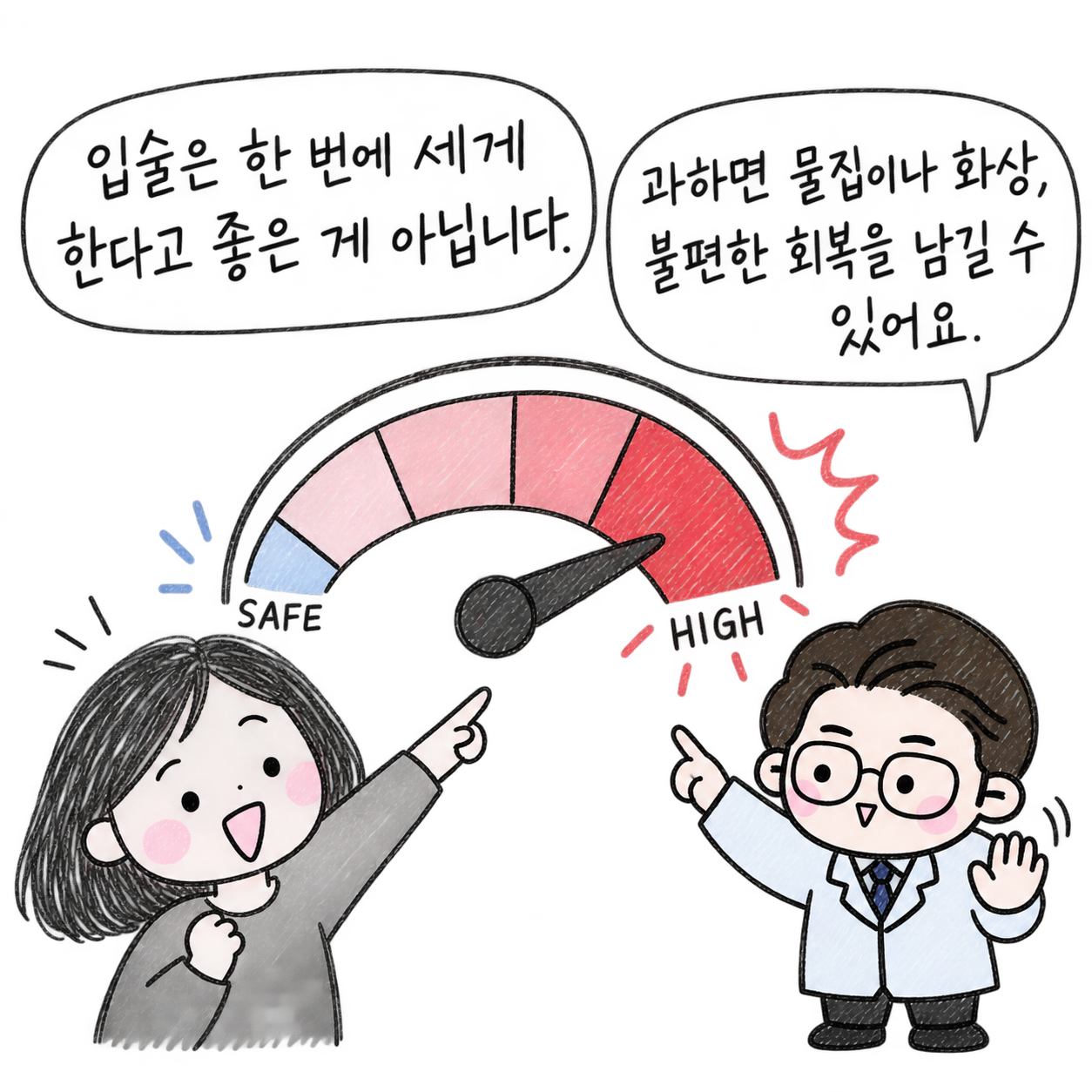 입술은 한 번에 세게 한다고 좋은 게 아닙니다. 과하면 물집이나 화상, 불편한 회복을 남길 수 있어요.