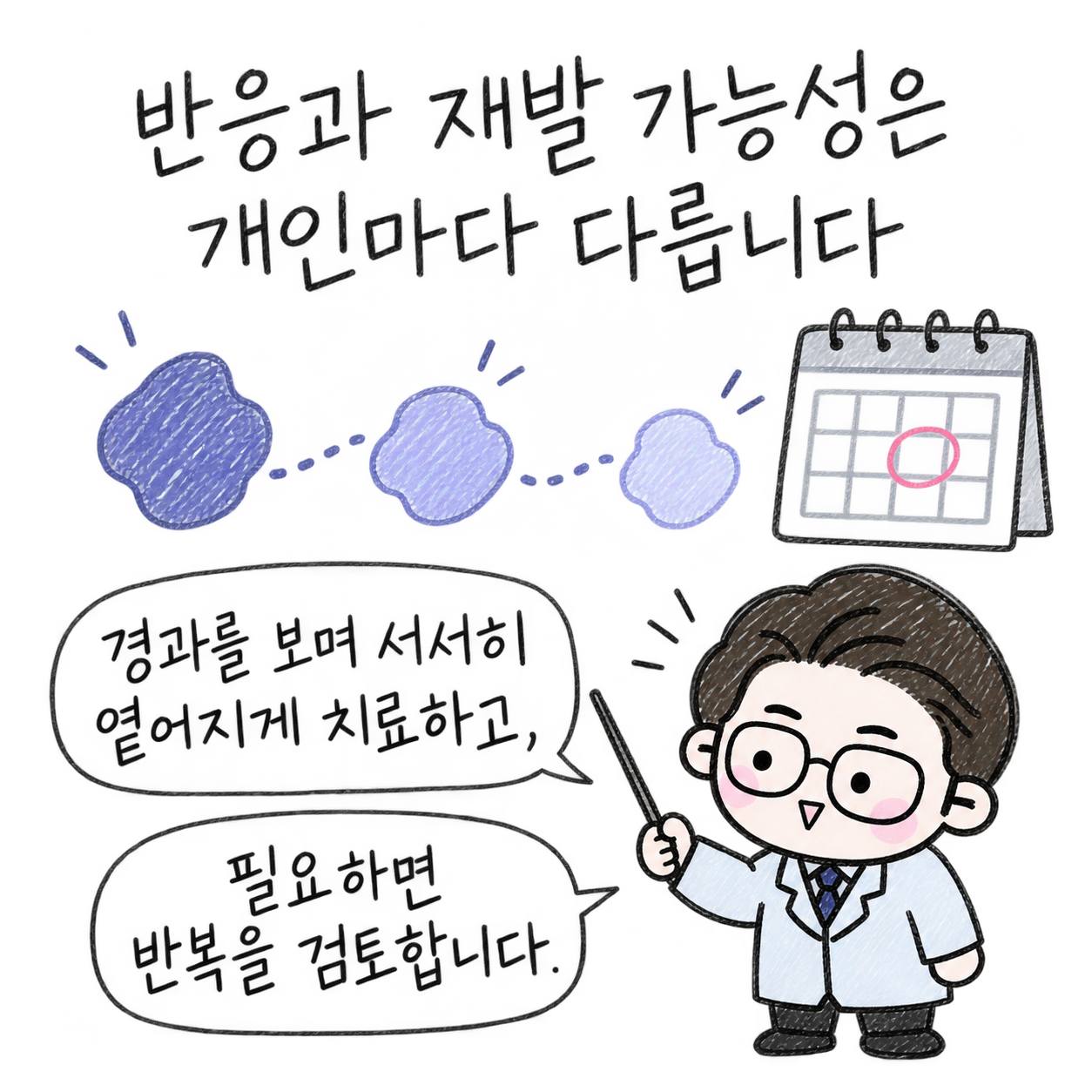 반응과 재발 가능성은 개인마다 다릅니다. 경과를 보며 서서히 옅어지게 치료하고, 필요하면 반복을 검토합니다.