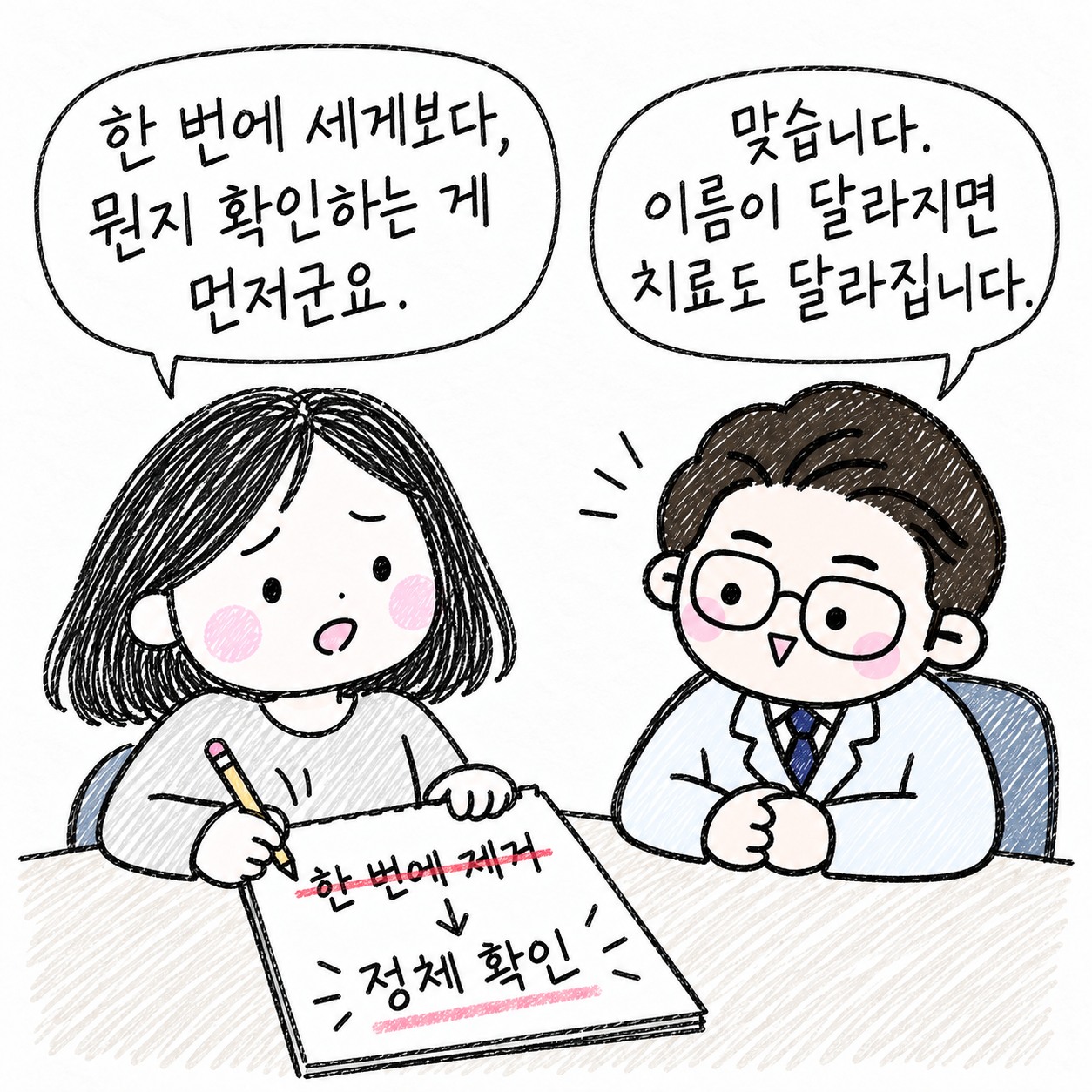 한 번에 세게보다, 뭔지 확인하는 게 먼저군요. 맞습니다. 이름이 달라지면 치료도 달라집니다. 한 번에 제거보다 정체 확인.