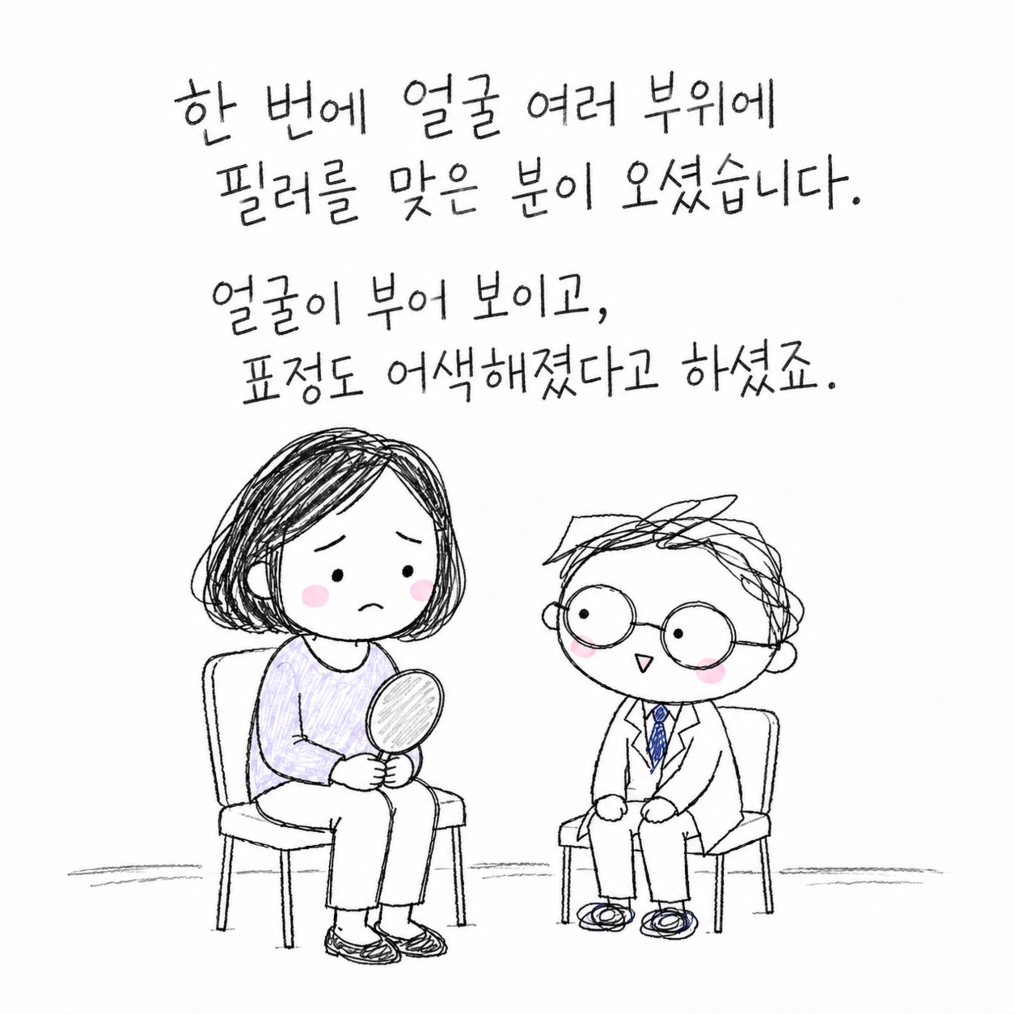 한 번에 얼굴 여러 부위에 필러를 맞은 분이 오셨습니다. 얼굴이 부어 보이고, 표정도 어색해졌다고 하셨죠.
