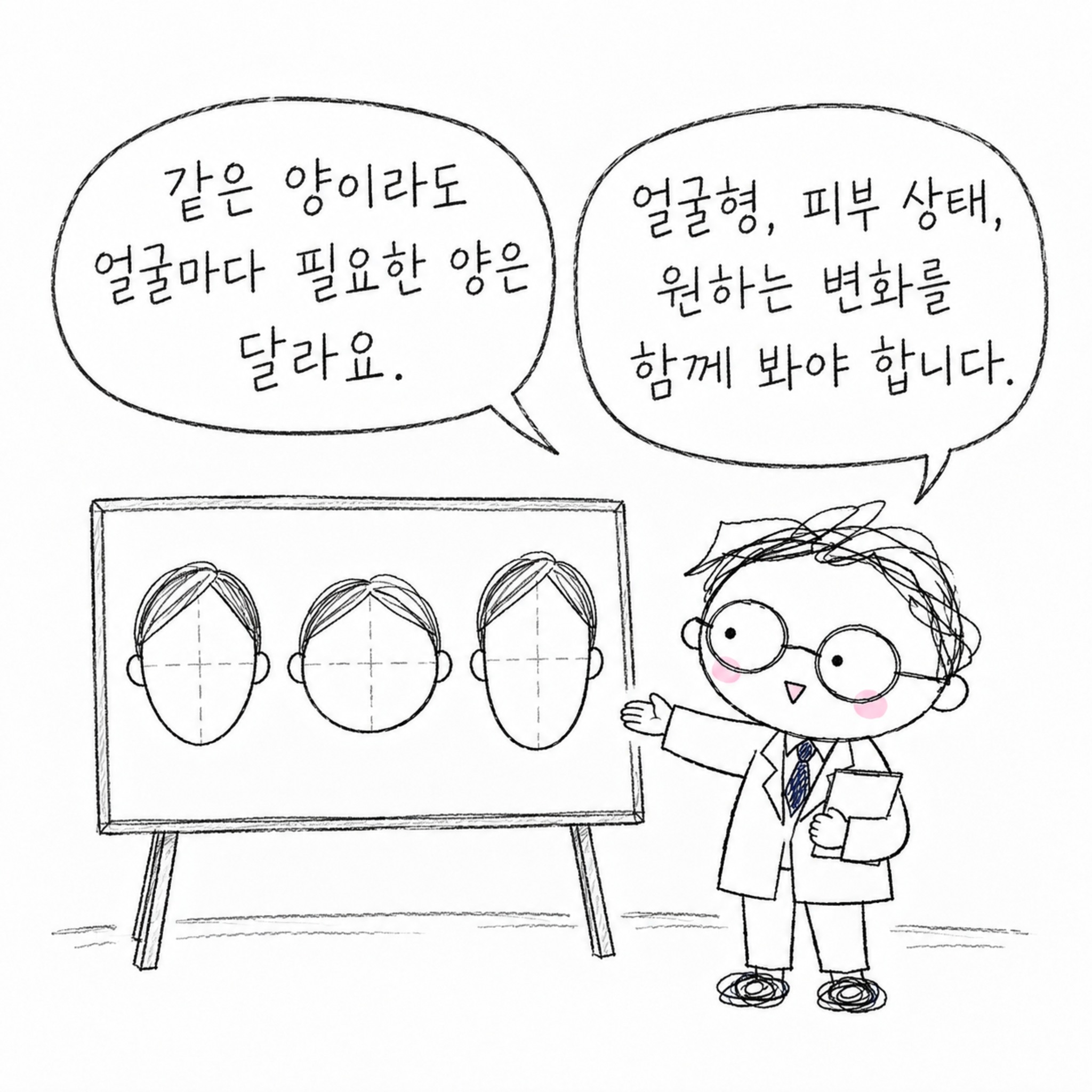 같은 양이라도 얼굴마다 필요한 양은 달라요. 얼굴형, 피부 상태, 원하는 변화를 함께 봐야 합니다.