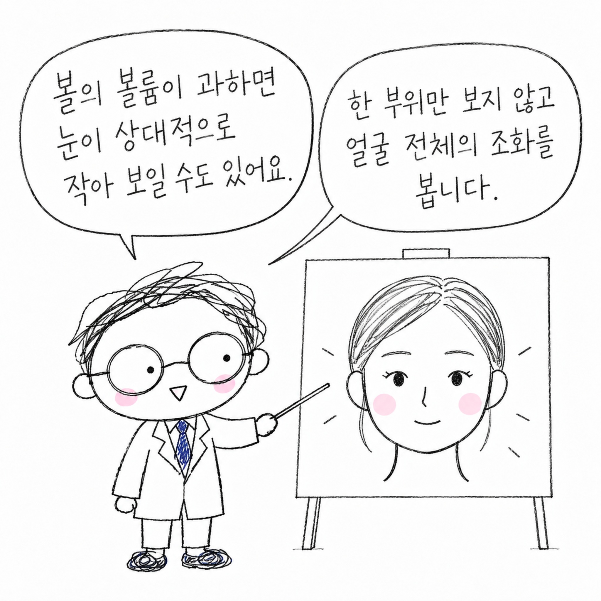볼의 볼륨이 과하면 눈이 상대적으로 작아 보일 수도 있어요. 한 부위만 보지 않고 얼굴 전체의 조화를 봅니다.