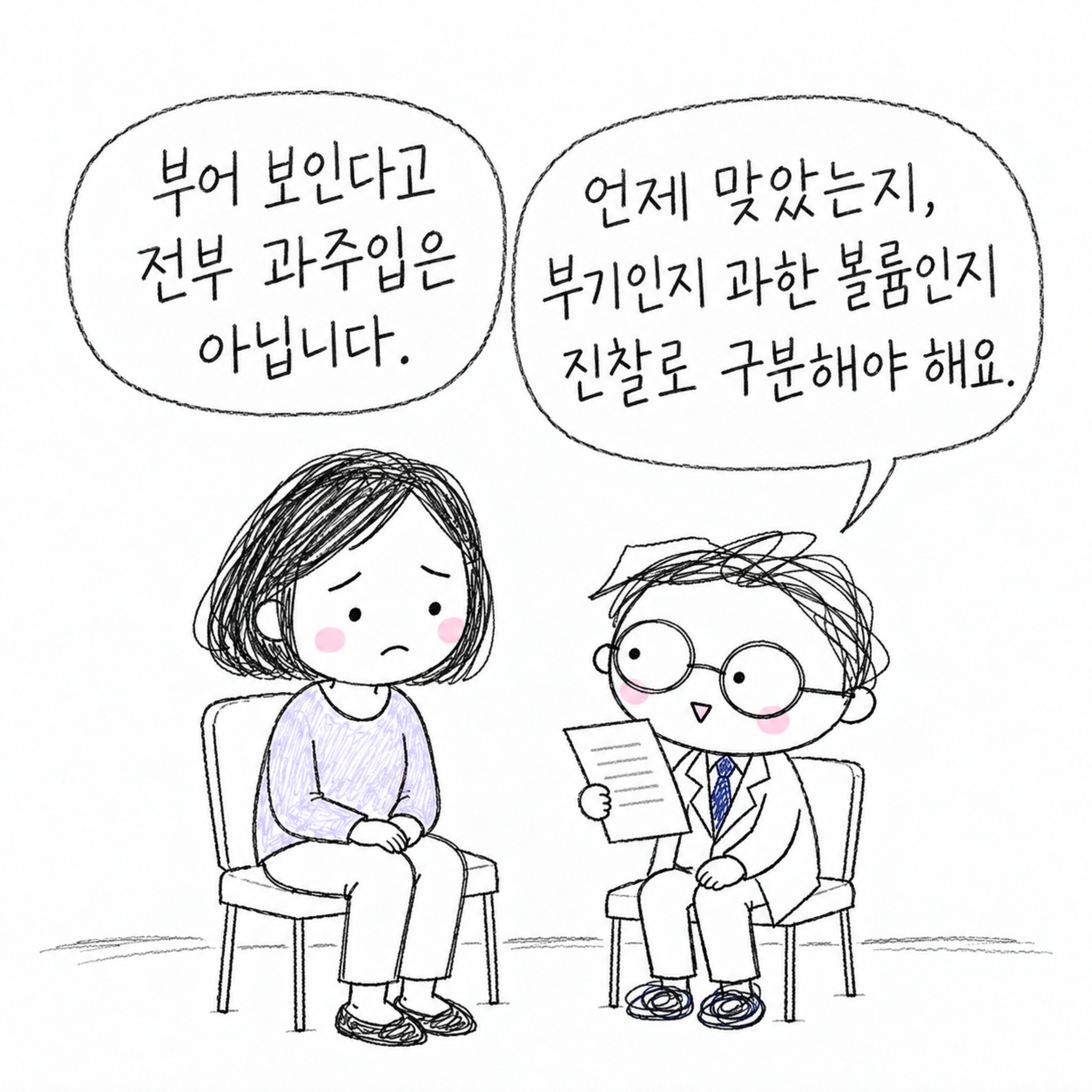 부어 보인다고 전부 과주입은 아닙니다. 언제 맞았는지, 부기인지 과한 볼륨인지 진찰로 구분해야 해요.
