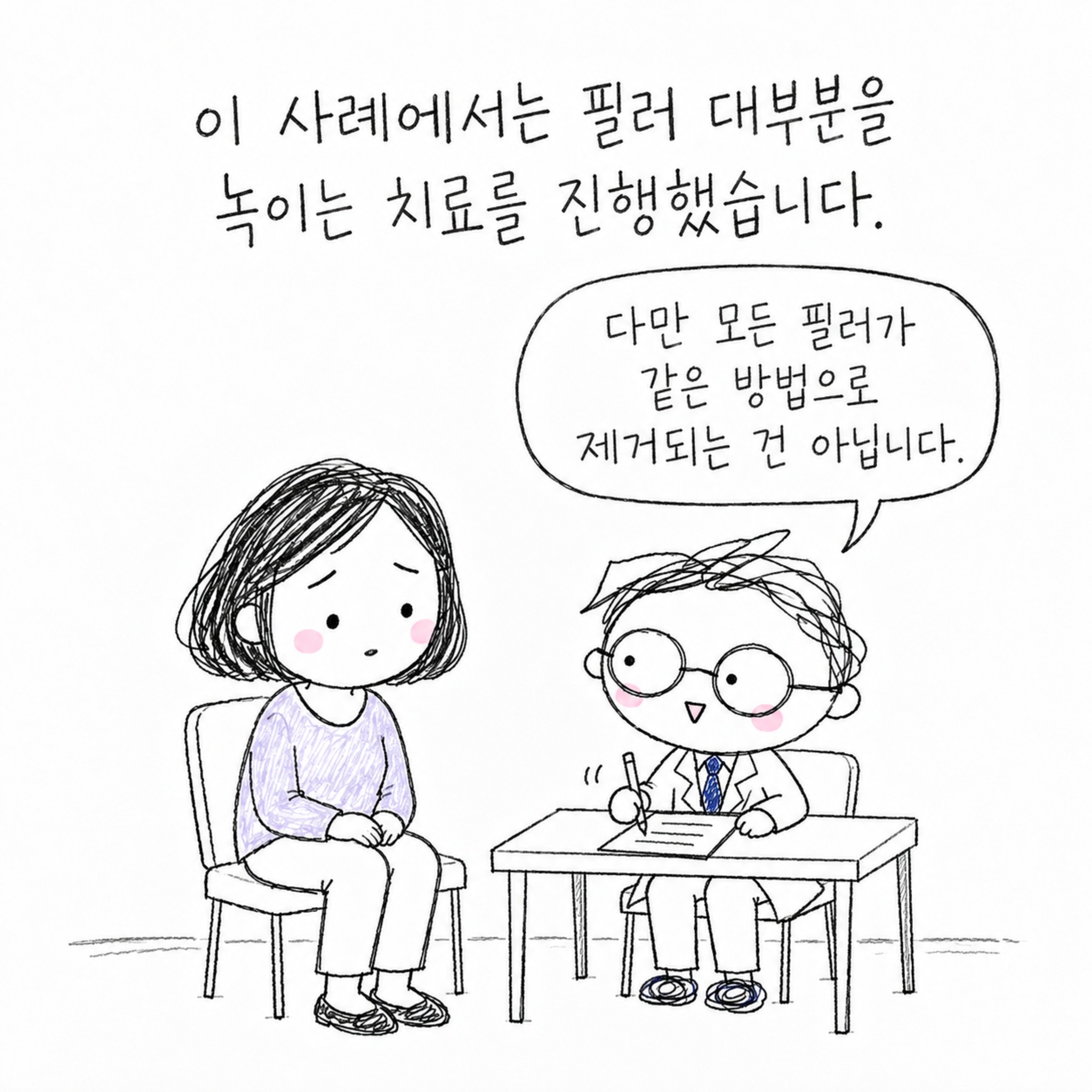 이 사례에서는 필러 대부분을 녹이는 치료를 진행했습니다. 다만 모든 필러가 같은 방법으로 제거되는 건 아닙니다.