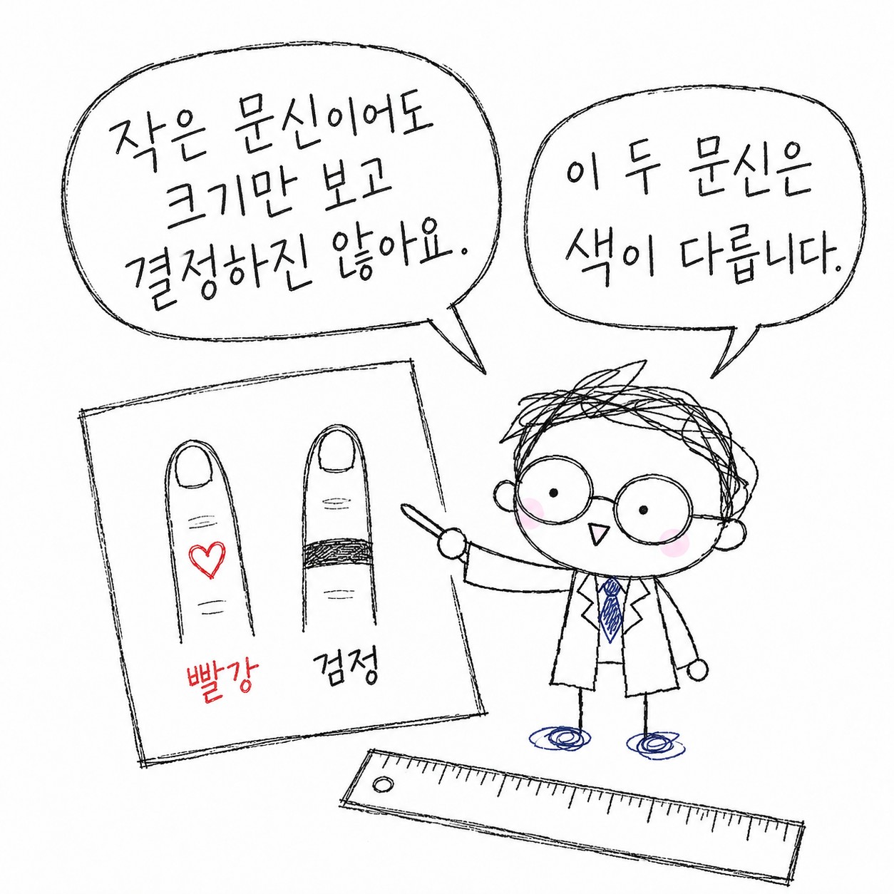 작은 문신이어도 크기만 보고 결정하진 않아요. 이 두 문신은 색이 다릅니다. 빨강, 검정.