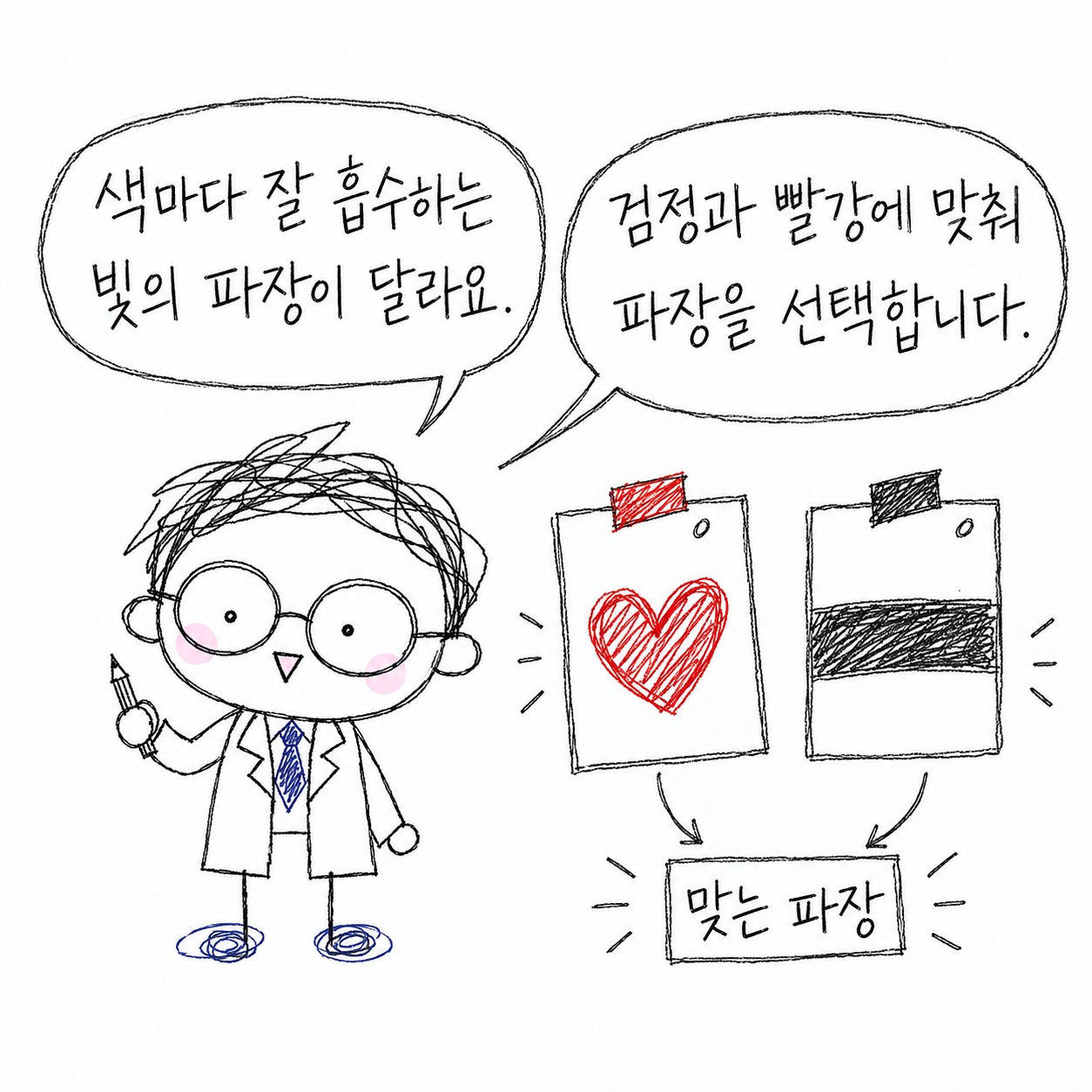 색마다 잘 흡수하는 빛의 파장이 달라요. 검정과 빨강에 맞춰 파장을 선택합니다. 맞는 파장.