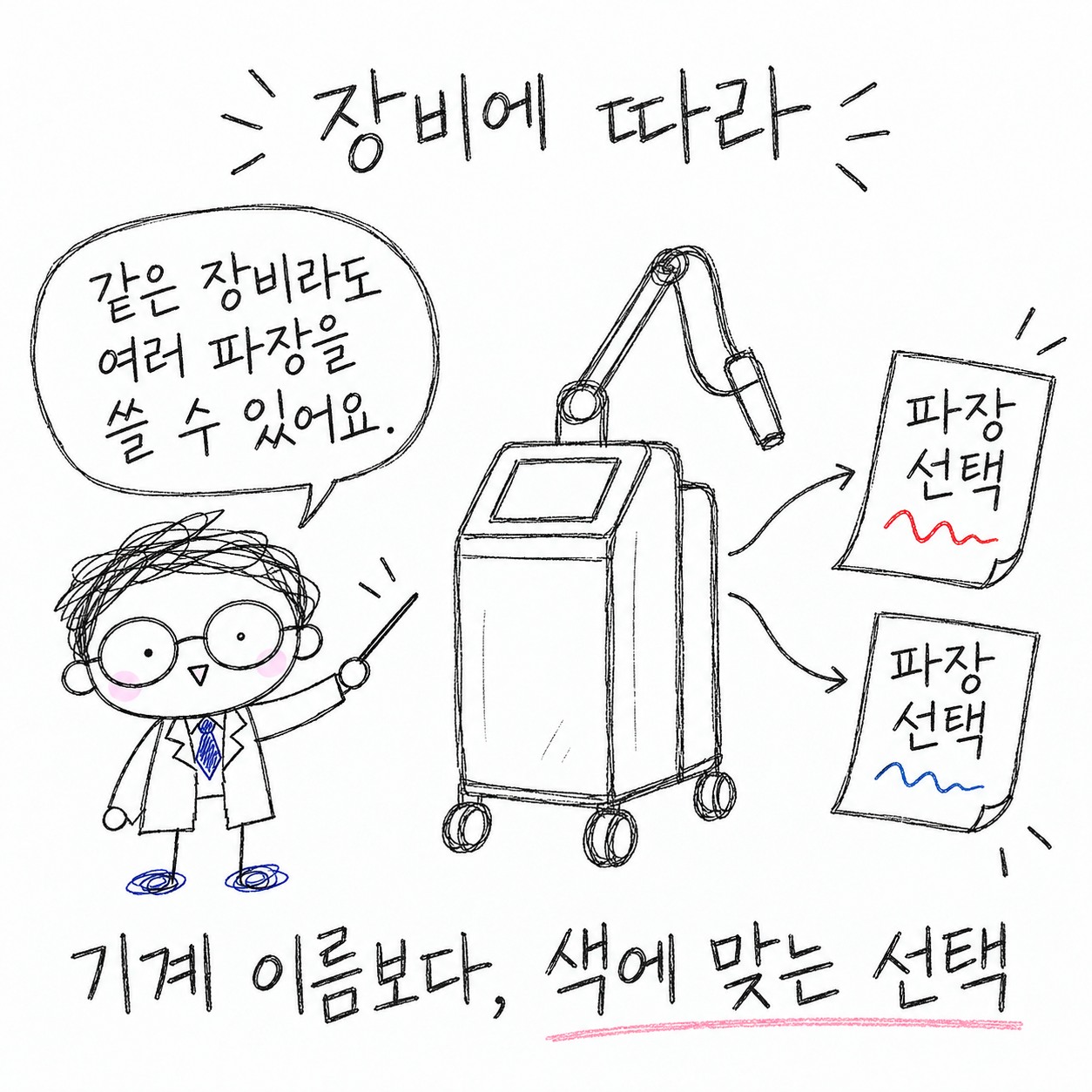 장비에 따라 같은 장비라도 여러 파장을 쓸 수 있어요. 기계 이름보다, 색에 맞는 선택.