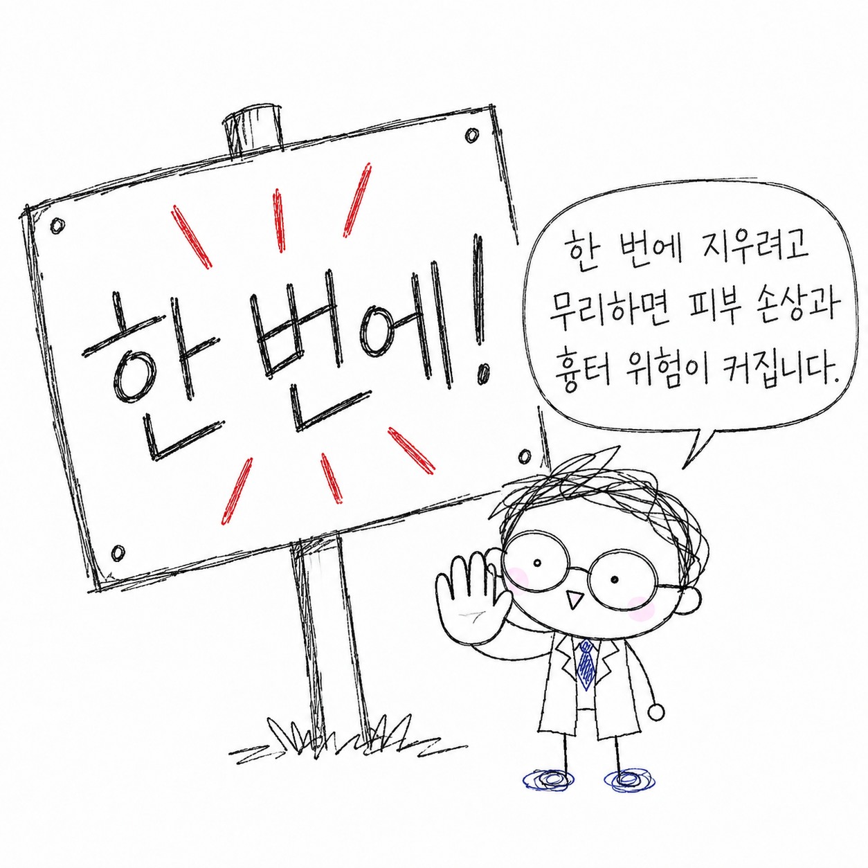 한 번에! 한 번에 지우려고 무리하면 피부 손상과 흉터 위험이 커집니다.