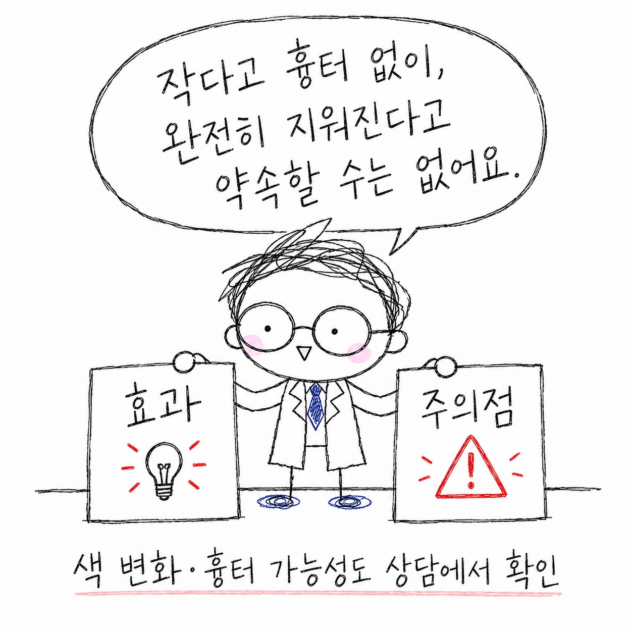 작다고 흉터 없이, 완전히 지워진다고 약속할 수는 없어요. 색 변화·흉터 가능성도 상담에서 확인합니다.