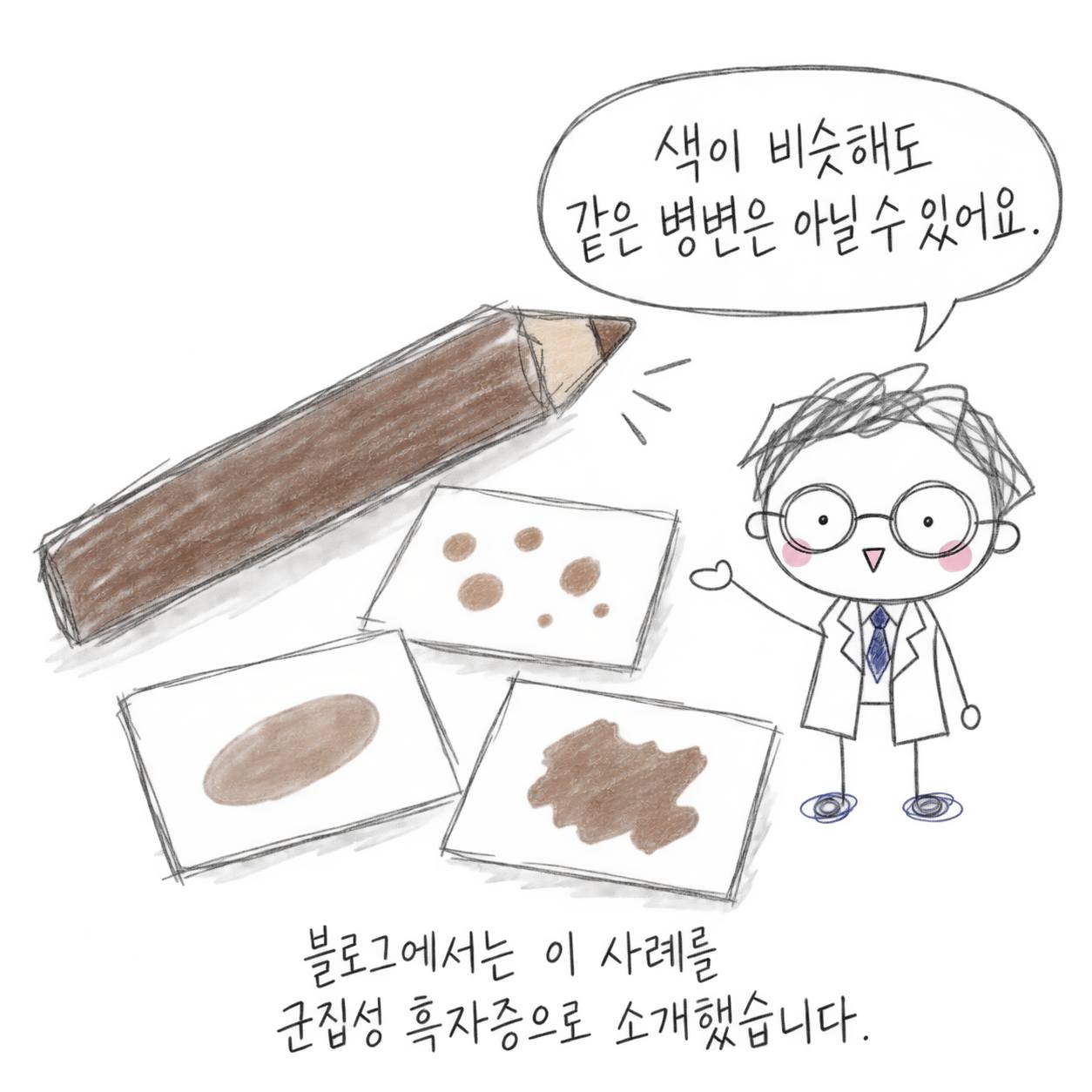 색이 비슷해도 같은 병변은 아닐 수 있어요. 블로그에서는 이 사례를 선천성 흑자증으로 소개했습니다.