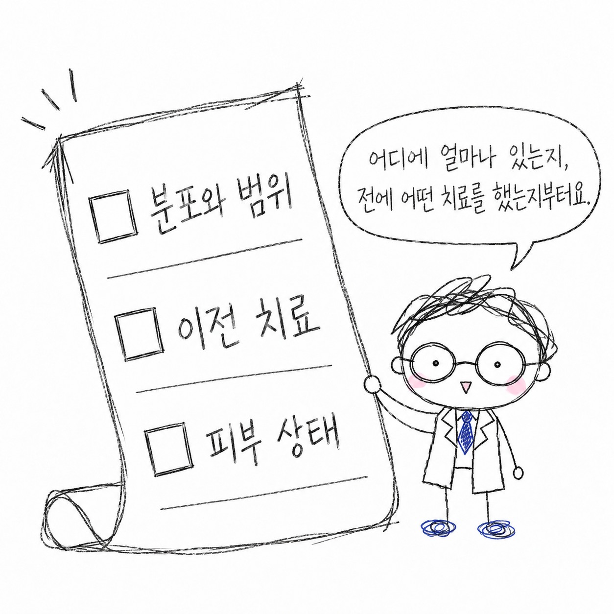 분포와 범위, 이전 치료, 피부 상태. 어디에 얼마나 있는지, 전에 어떤 치료를 했는지부터요.