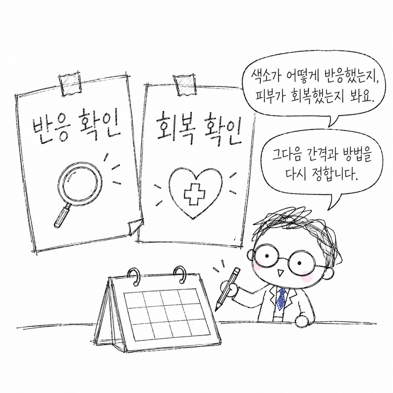 반응 확인, 회복 확인. 색소가 어떻게 반응했는지, 피부가 회복했는지 봐요. 그다음 간격과 방법을 다시 정합니다.