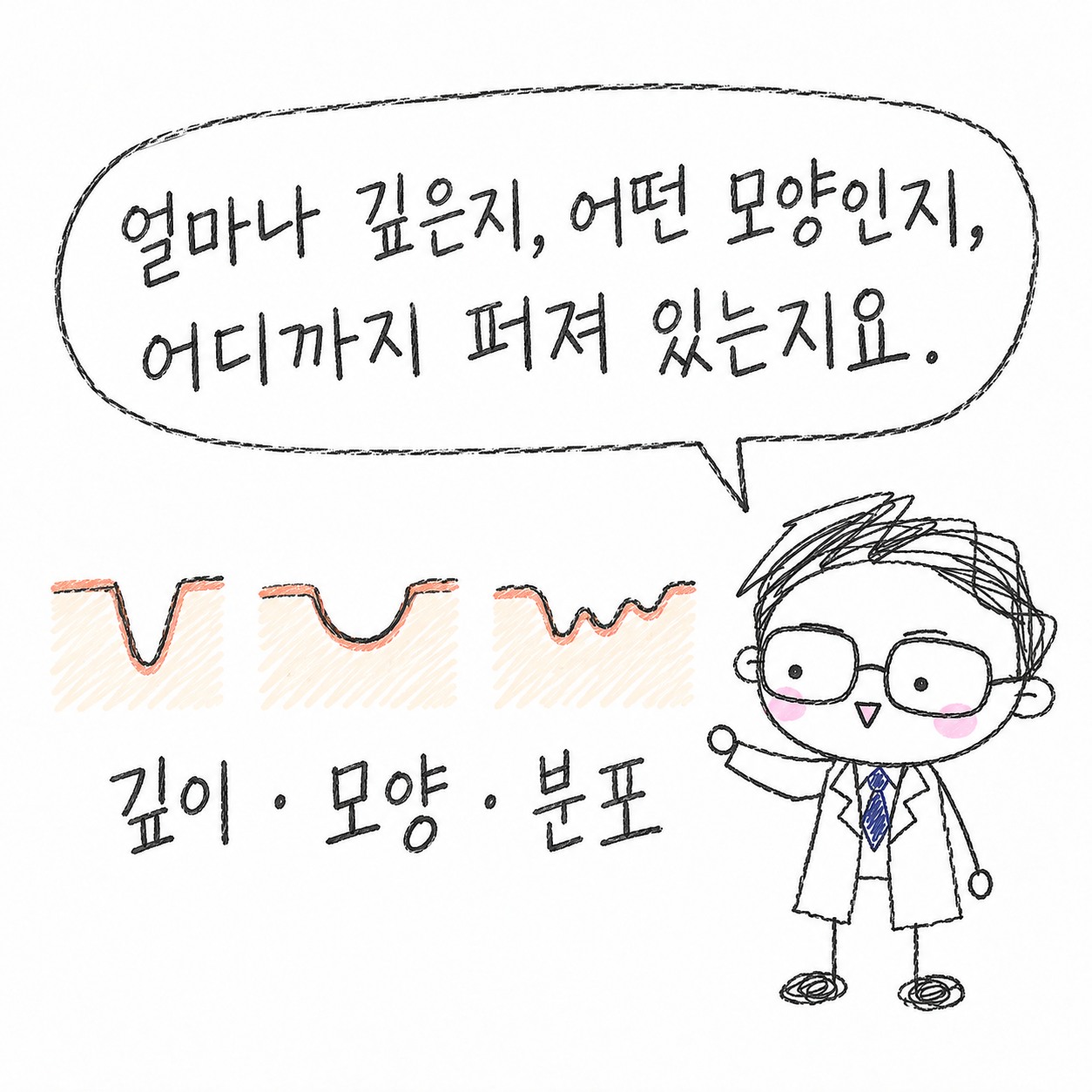 얼마나 깊은지, 어떤 모양인지, 어디까지 퍼져 있는지요. 깊이·모양·분포.