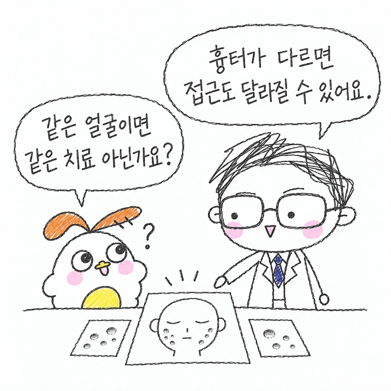 같은 얼굴이면 같은 치료 아닌가요? 흉터가 다르면 접근도 달라질 수 있어요.