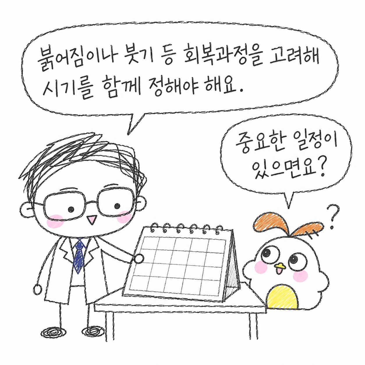 붉어짐이나 붓기 등 회복과정을 고려해 시기를 함께 정해야 해요. 중요한 일정이 있으면요?