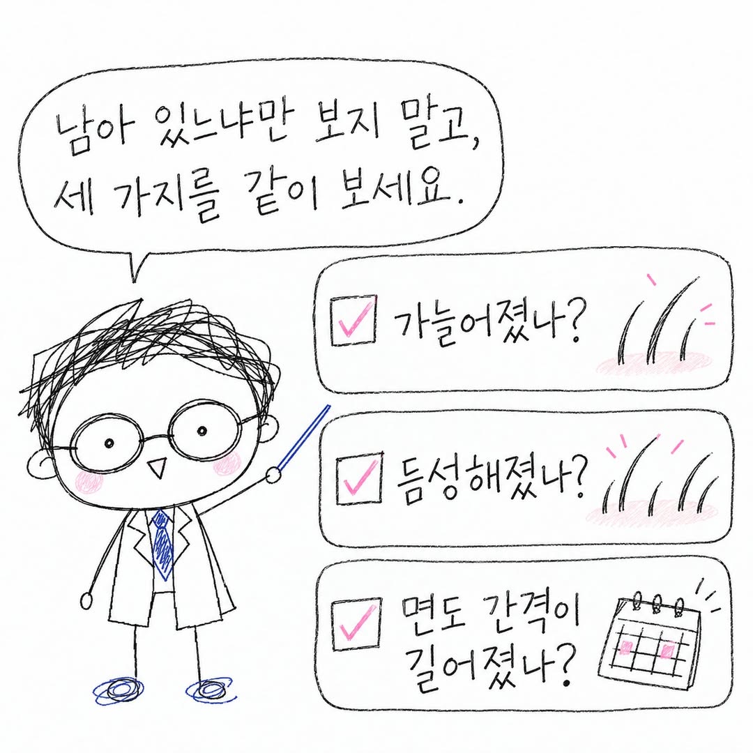 수염의 굵기, 밀도, 면도 간격 변화를 함께 확인해요.
