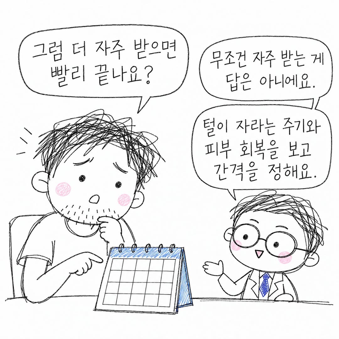 털의 성장 주기와 피부 회복을 보고 레이저 제모 간격을 정해요.