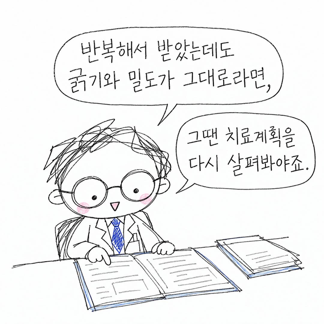 수염 굵기와 밀도 변화가 없다면 치료계획을 다시 살펴봐요.