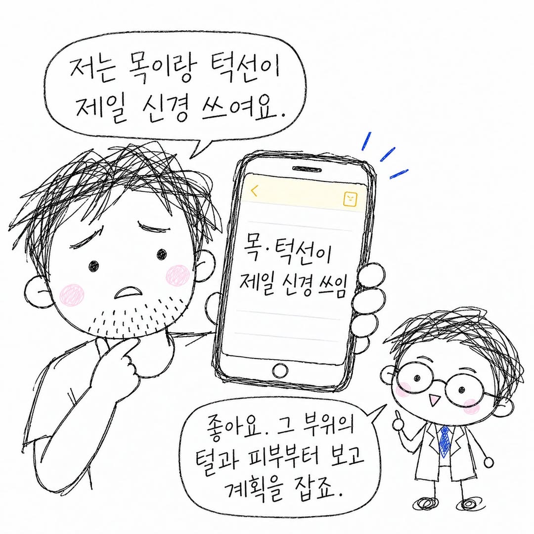 신경 쓰이는 목과 턱선의 털과 피부부터 확인해요.