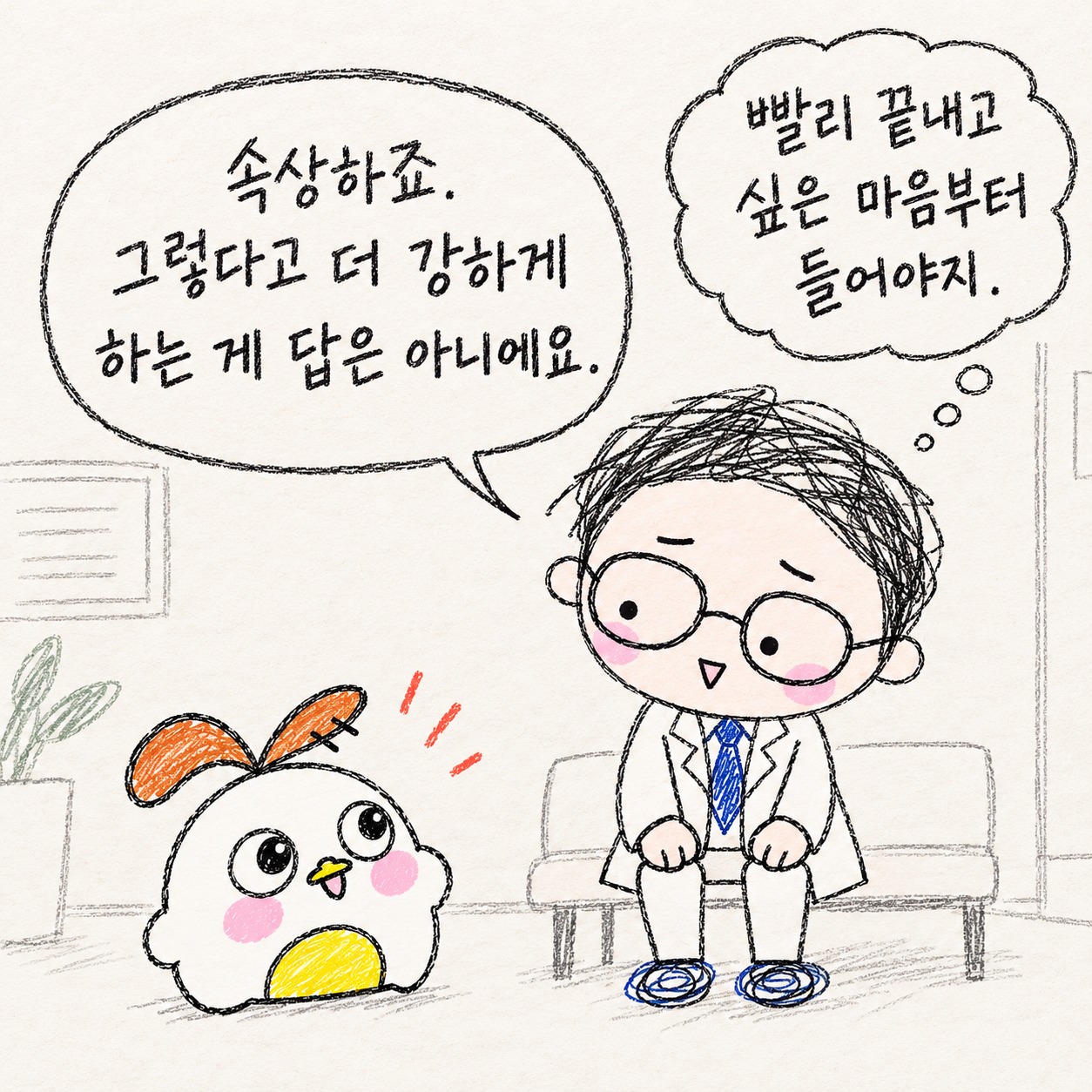 속상하죠. 그렇다고 더 강하게 하는 게 답은 아니에요. 빨리 끝내고 싶은 마음부터 들어야지.