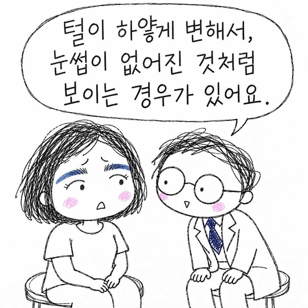 털이 하얗게 변해서, 눈썹이 없어진 것처럼 보이는 경우가 있어요.
