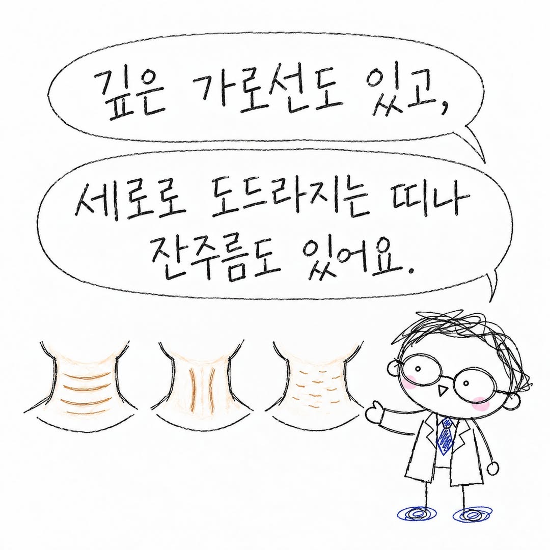 깊은 가로선과 세로 띠, 잔주름을 구분해 살펴봐요.