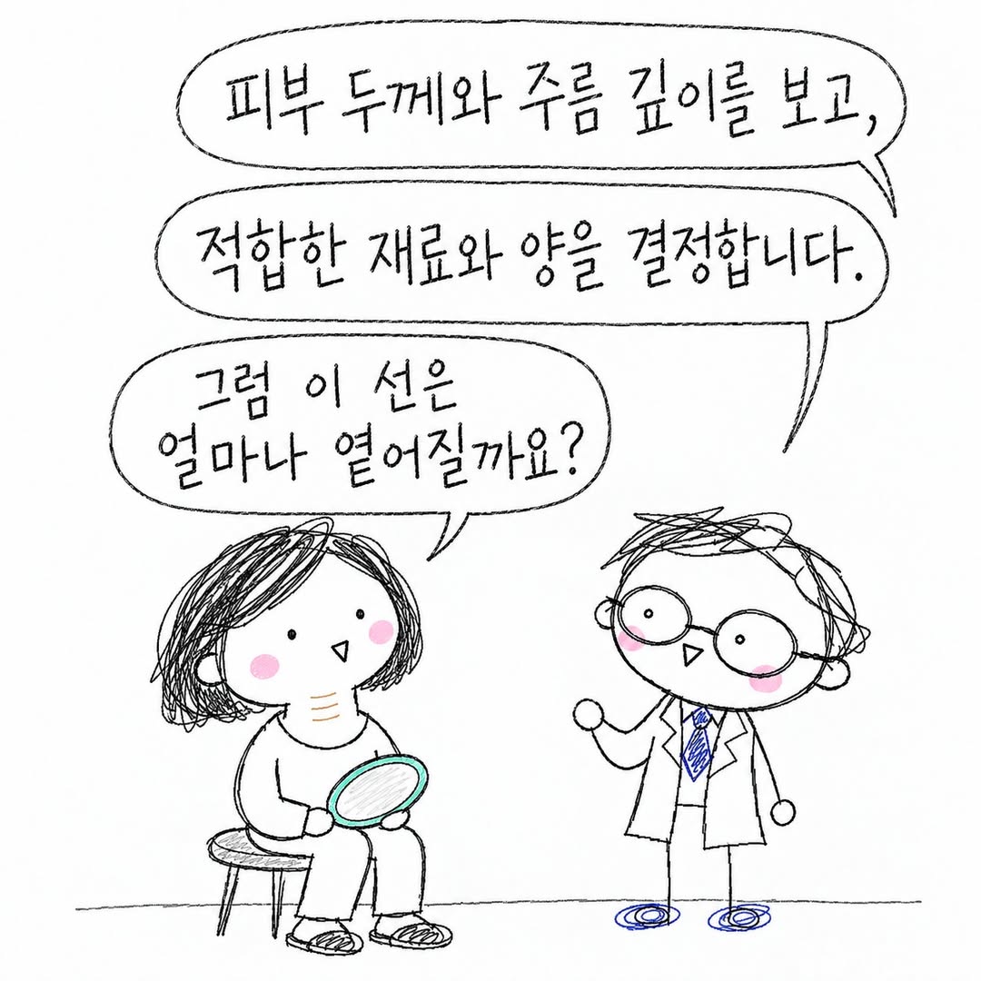피부 두께와 주름 깊이에 맞춰 필러 재료와 양을 정해요.
