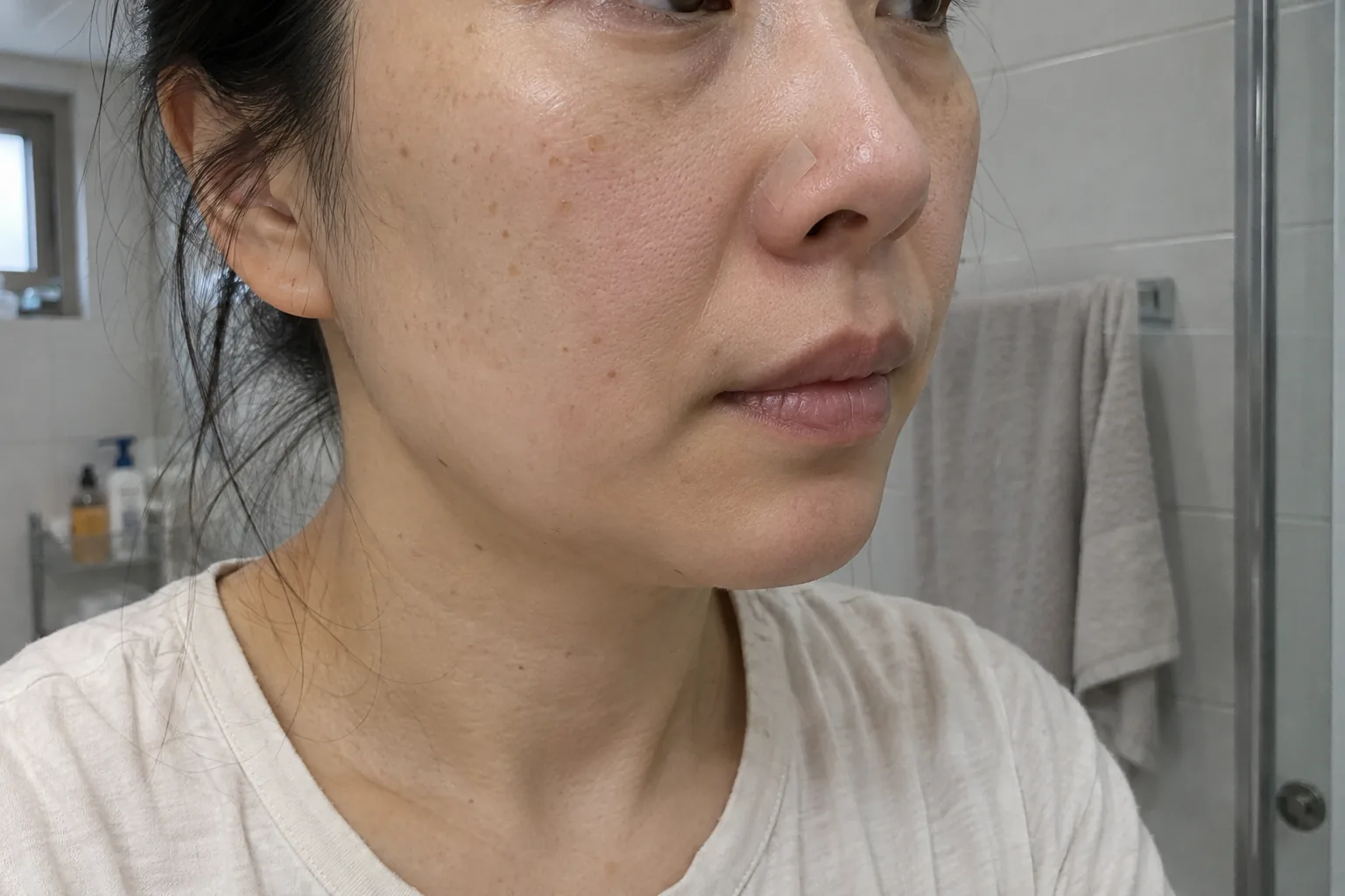 코 부위의 작은 보호 드레싱을 관리하는 모습 — AI 제작 예시