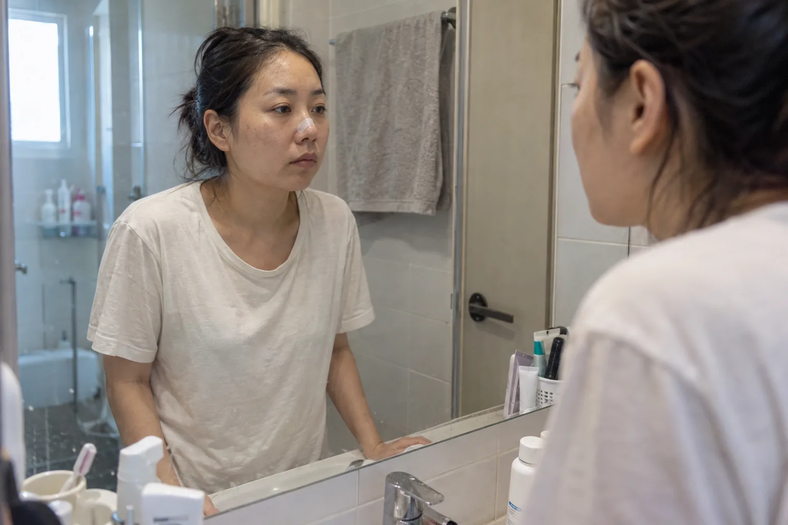 상처를 만지지 않고 거울로 상태를 확인하는 모습 — AI 제작 예시