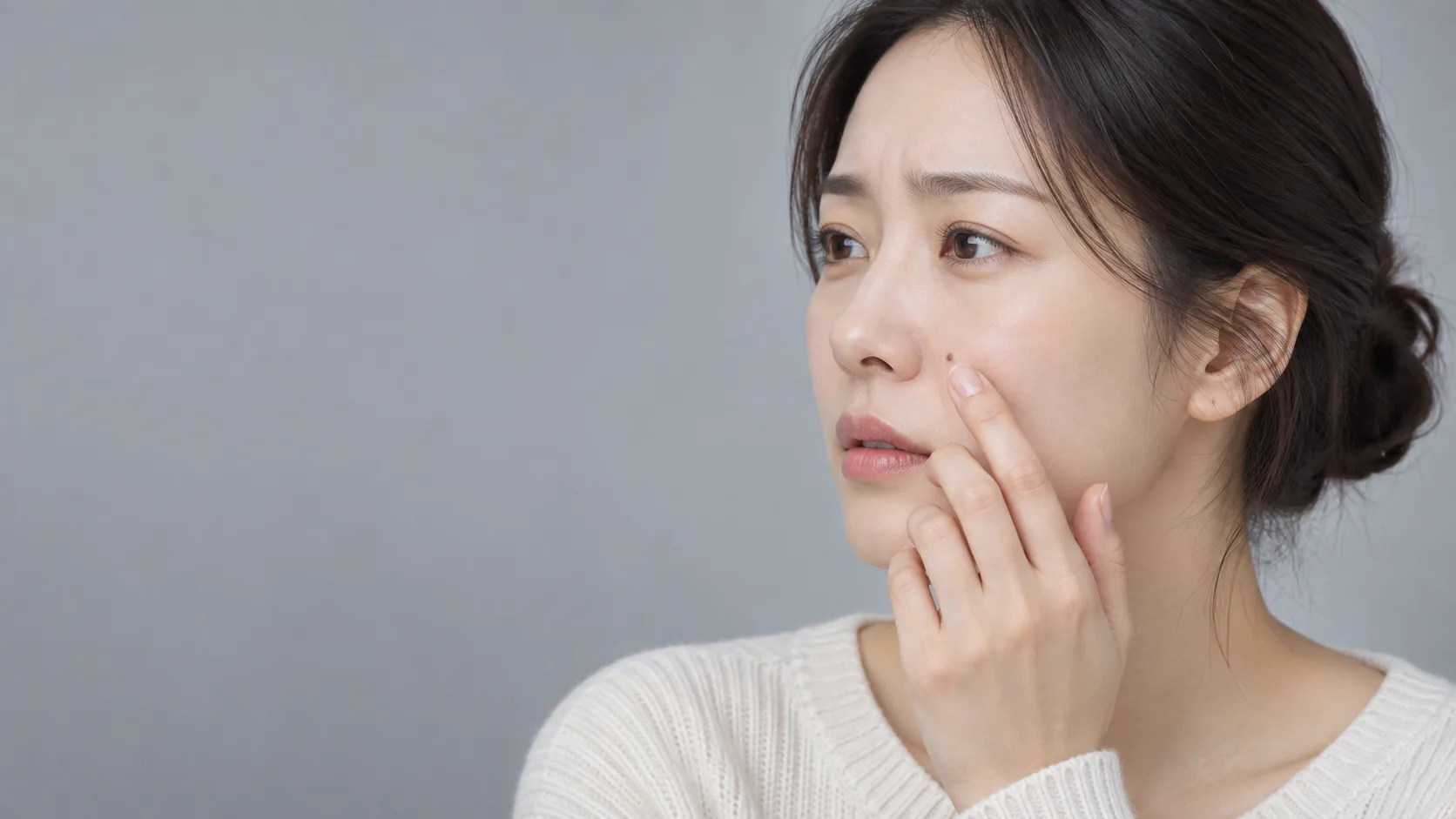 콧볼 옆 뺨의 작은 점을 손끝으로 짚고 있는 여성의 옆모습